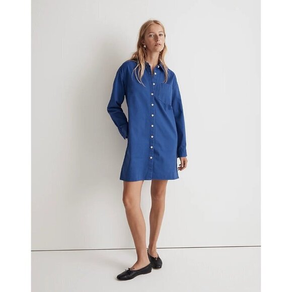 Madewell Mini Shirt Dress in (Re)generative Chino Button-Up Blue Women Small NWT - Picture 1 of 16